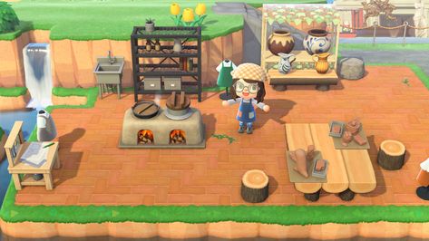 Acnh Pottery Studio, Animal Crossing Cafe Gallery Ideas, Animal Crossing Pottery Studio, Acnh Ceramic Studio, Animal Crossing Workshop Area, Animal Crossing Pottery, Pottery Animal Crossing, Animal Crossing Cafe Gallery, Bench Area