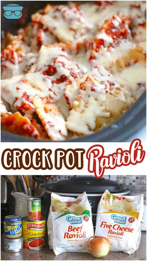 This Crock Pot Ravioli recipe uses frozen ravioli with a quick homemade sauce and lots of gooey mozzarella cheese. Perfect all-in-one meal! Crock Pot Ravioli, Frozen Ravioli Recipes, Poolside Dip, Company Chicken, Crockpot Ravioli, Crock Pot Food, Ravioli Recipe, Country Cook, Pasta Primavera