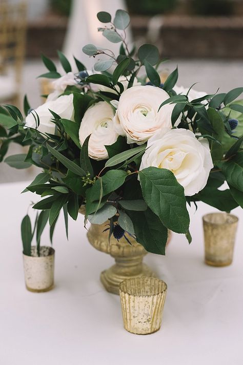 Small Wedding Centerpieces, Ranunculus Centerpiece, White Rose Centerpieces, White Floral Centerpieces, Charleston Bride, White Floral Arrangements, Green Centerpieces, Greenery Centerpiece, Small Centerpieces