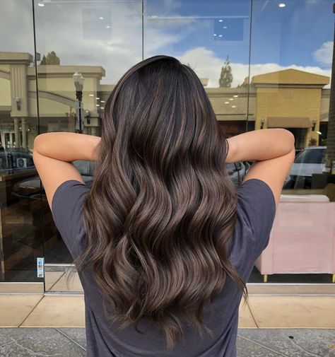 Iced Mocha Hair Color, Subtle Brown Balayage On Black Hair, Latte Highlights On Dark Hair, Brown Blended Balayage, Popular Brunette Hair Colors, Milk Tea Balayage On Black Hair, Black To Brunette Hair, Dark Brown Hair With Subtle Dimension, Mocha Brown Hair Balayage