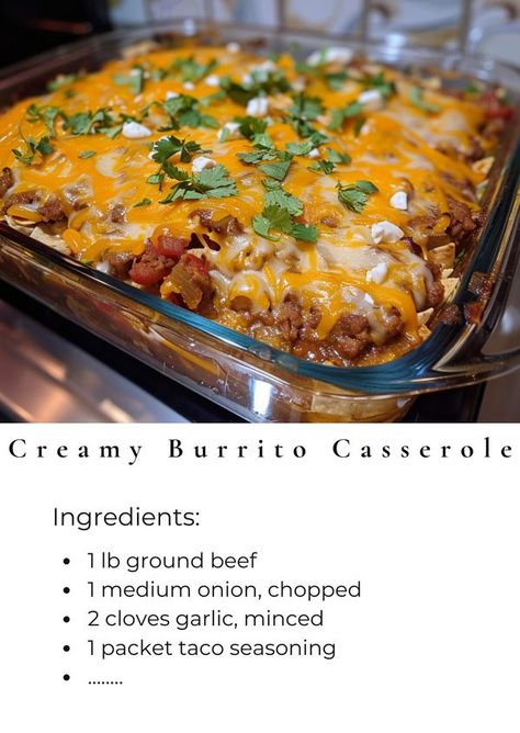 Tasty Cooking - easy & yummy | This Creamy Burrito Casserole is the ultimate comfort food | Facebook Burrito Bake Casserole, Burrito Casserole Recipe, Burrito Bake, Creamy Burrito Casserole, French Dip Sandwich Crockpot, Burrito Casserole, French Dip Sandwich, Food Recipes Easy, Beef Chuck Roast