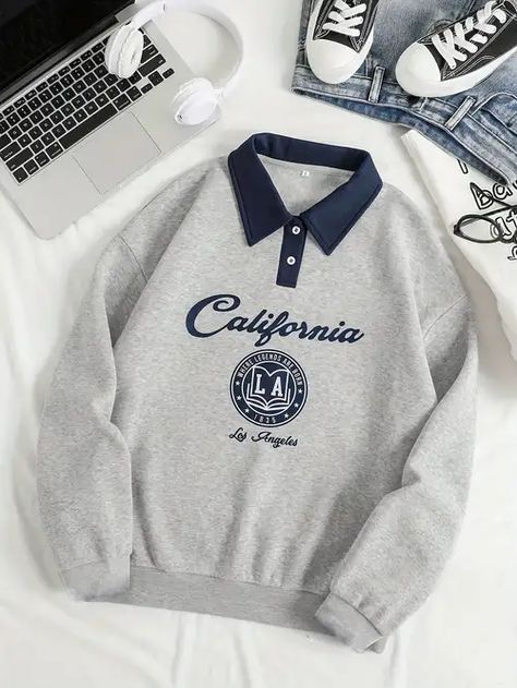 California Print Collared Pullover Sweatshirt Casual Long - Temu Letter Print Sweatshirt, Contrast Collar, Collar Sweater, Collared Shirt, Inspiration Mode, Winter Casual, Grey Sweatshirt, Casual Fits, Long Sleeve Sweatshirts