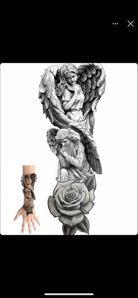 Roses And Angels Tattoo, Cover Up Tattoos On Arm, Angel And Roses Tattoo Design, Big Tattoo Designs For Women, Angel Tattoo For Women Sleeve, Big Angel Tattoo, Angel Tattoo Ideas For Women, Angel Sleeve Tattoo Women, Big 5 Tattoo