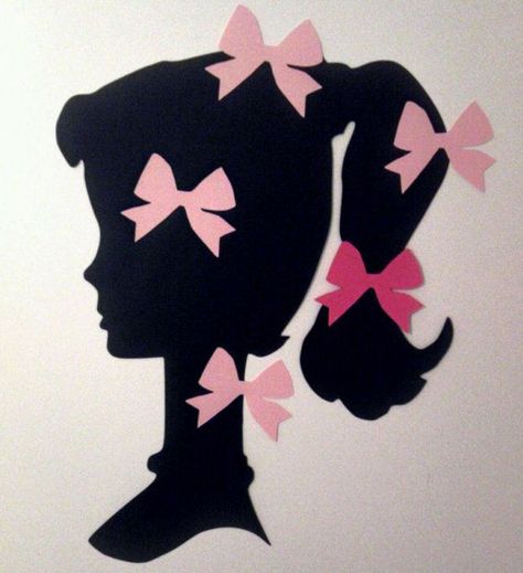 Pin The Bow On Barbie, Barbie Silhouette Party, Barbie Party Games, Barbie Birthday Party Games, Vintage Barbie Party, Party Games Kids, Barbie Silhouette, Barbie Theme Party, Spa Birthday Parties