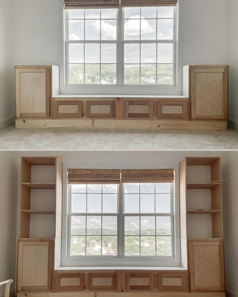 Cabinetry Around Window, Low Built In Cabinets, Playroom Cabinets Built Ins, Diy Built Ins Around Window, Window Seat And Shelves, Window Built Ins With Bench, Nursery Built Ins, Built In Around Window, Built In Bookshelves Around Window