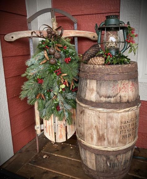 Whiskey Barrel Winter Decor, Wine Barrel Porch Decor, Old Sleigh Christmas Decor, Christmas Wine Barrel Front Porch, Outdoor Whiskey Barrel Christmas Decor, Christmas Barrel Decor, Old Crocks Decor Ideas Farmhouse, Christmas Whiskey Barrel Decorations, Christmas Wash Tub Ideas