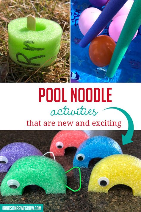 Simple toddler and preschoolers activities to do with pool noodles at home!  Teach letters,  work on fine motor skills, sensory activities, and gross motor skills-- all with pool noodles! Pool Noodle Activities, Preschoolers Activities, Teaching Kids Letters, Outdoor Activities For Toddlers, Kinesthetic Learning, Summer Science, Pool Activities, Pool Noodle, Preschool Arts And Crafts