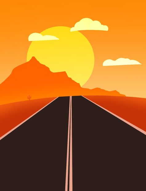 Highway Highway Drawing Simple, Road Trip Art Illustration, Highway Graphic Design, Mountain Road Painting, Highway Drawing, Highway Painting, Sunset Drawing Easy, Sunrise Drawing, Road Drawing