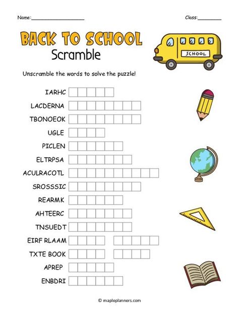 Back To School Word Scramble, Grade 4 Activities Free Printable, Back To School Word Search Free Printable, Back To School Activity Sheets, School Things Worksheet, Back To School Puzzle, Word Scramble For Kids, Back To School Worksheets, Scramble Words