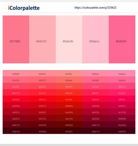 62 Pink Color Palettes – iColorpalette Blog Pink Skin Color Palette, Pink Color Palette Ibis Paint, Canva Color Palette Codes Pink, Soft Pink Color Palette Hex Code, Pink Color Palette Rgb Code, Red Cosmos, Summer Color Palettes, Dark Color Palette, Claret Red