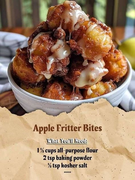 Grandma's recipes | Apple Fritter Bites 🍏🍩 | Facebook Apple Fritter Bites Recipe, Apple Fritter Bites, Fritter Bites, Pastry Turnovers, Desserts Easy Recipes, Savory Puff Pastry, Apple Desserts Easy, Apple Fritter Bread, Grandma's Recipes