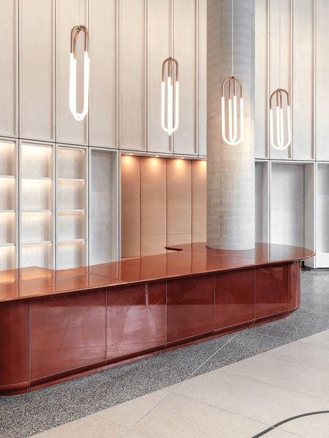 Universal Design Studio combines textured materials and local artwork at this London office - Workplace | Design | Architecture Terrazzo Lobby, Corporate Lobby, Lobby Desks, Reception Desk Design, Lobby Reception, Office Lobby, London Office, Liverpool Street, Office Floor