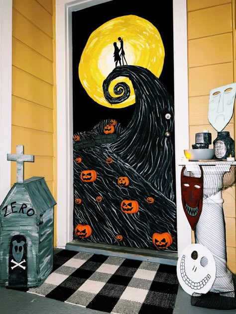 Halloween Door Cover Ideas, Halloweentown Door Decorations, Halloween Door Decorations Classroom Nightmare Before Christmas, Coolest Halloween Decorations, Door Decorating Ideas For Halloween, Door Decorating Contest Fall, Halloween Door Painting Ideas, Nightmare Before Christmas Door Decorating Contest, Halloween Decorated Door