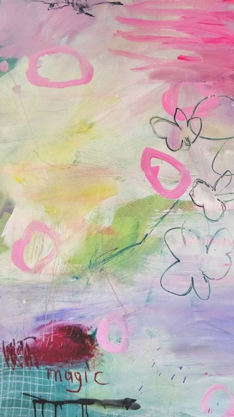 An abstract painting in washes of pink, purple, yellow, and blue. Abstract marks and flowers are created in a doodle like way. Clemson Dorm, Abstract Pastel Art, Collage Drawing, Words On Canvas, Mixed Media Sculpture, Girly Wall Art, Pastel Palette, Forest Painting, Art Styles