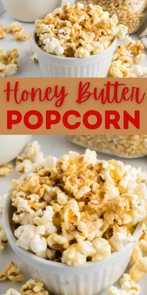 Honey Butter Popcorn, Popcorn Homemade, Puffed Corn Recipes, Homemade Popcorn Recipes, Easy Honey Butter, Popcorn Seasoning Recipes, Popcorn Dessert, Flavored Popcorn Recipes, Popcorn Recipes Sweet