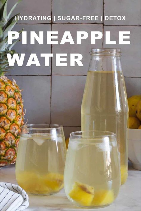 Agua de Pina or Agua Fresca is refreshing and delicious. It is basically fresh pineapple, lightly sweet water, and it is very refreshing to drink chilled during hot months or hot during the cold season. You only need to use the pineapple peel and leave the fresh pìneapple to enjoy by itself or in your favorite smoothie. Pineapple Water is an excellent weight loss and anti-inflammatory detox drink. Pineapple Water Recipe, Smoothie Pineapple, Pineapple Water, Sweet Water, Hydrating Drinks, Fruit Infused Water, Fresh Pineapple, Agua Fresca, Healthy Drinks Recipes