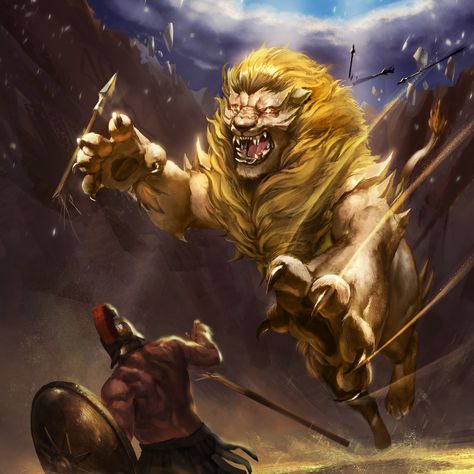 Lion Monster, Nemean Lion, Fantasy Races, Lion Art, Mythological Creatures, Card Art, Dungeons And Dragons, Lion Sculpture, Lion