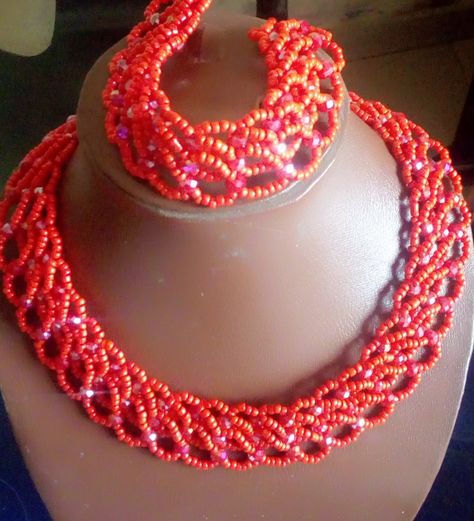 Red bead (new #Abuja connection) necklace, beads, Nigerian beads, Nigerian fashion, Bayelsa, beads world,etc. Nigerian Beads, Mens Beaded Necklaces, Nigerian Fashion, Beads Design, Traditional Outfit, Pearl Necklace Designs, Nigerian Styles, Necklace Beads, Beads Bracelet Design