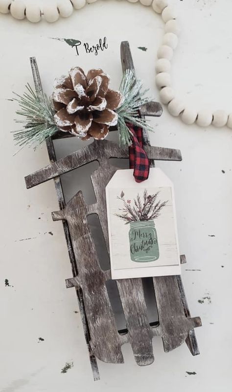 Dollar Tree Sled Ornament, Dollar Tree Sled Makeover, Dollar Tree Sled, Diy Dollar Tree Christmas, Christmas Banquet, Jennifer Pugh, Vintage Booth, Chalk Ideas, Dollar Tree Christmas Decor