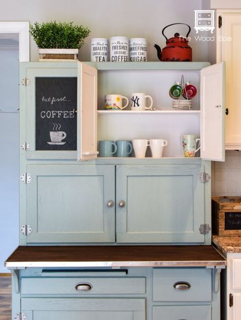 This is how I turned this old, beat-up Hoosier Cabinet into a Coffee Bar for my kitchen. I always wanted to have a coffee bar in my kitchen. This old, beat-up Hoosier Cabinet I found on Craigslist had the perfect dimensions for my space so I decided to buy it. It had been painted and stripped a million times and the wood was in horrible shape inside and out so I had to use a lot of wood filler to fix all holes and scratches. I also . scrubbed it with soapy water to remove years of… Bar Furniture For Sale, Wood Spa, Coffee Cabinet, Hoosier Cabinets, Redo Cabinets, Hoosier Cabinet, Gold Bar Cart, Apartment Makeover, Home Coffee Bar