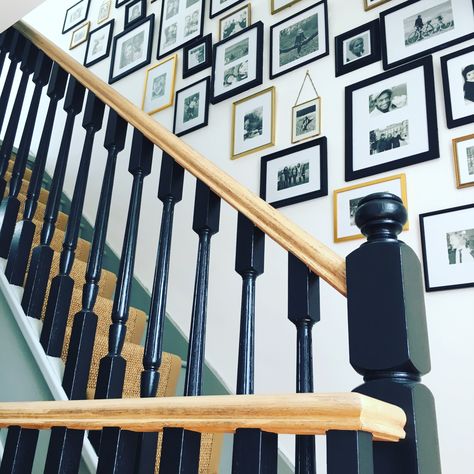 Black And Wood Bannister, Black Wood Banister, Black And Wood Banister, Black And Gold Staircase, Natural Wood Banister, Staircase Black Spindles, Stair Banister Paint Ideas, Wall Next To Stairs, Painted Spindles On Stairs