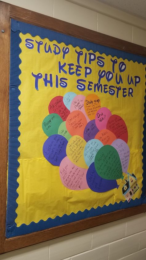 My spring semester 2020 Up themed study tips board. Study Tips Bulletin Board, New Semester Bulletin Board, Ra Hall Ideas, Spring Semester Bulletin Boards, Spring Ra Bulletin Boards, Residence Hall Themes, Ra Finals Bulletin Board, Bulletin Board College, Dormitory Hallway