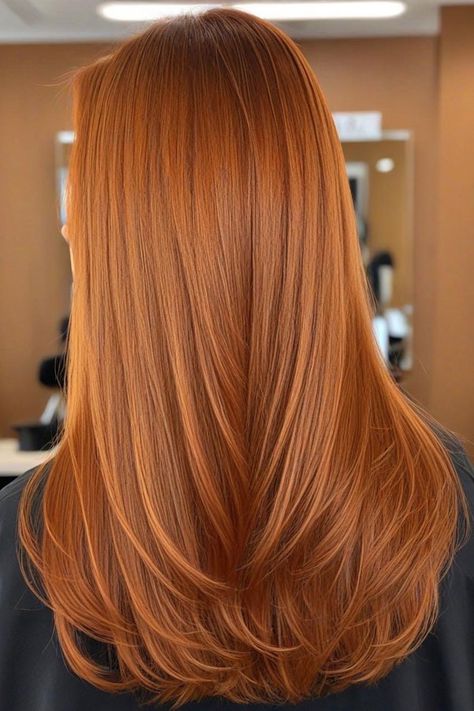 50 Fall Hair Colors to Light Up the Season : Rich Copper Straight Cut with Soft Layers Long Straight Copper Hair, Light Amber Hair Color, Copper Hair Straight, Short Copper Red Hair, Layered Red Hair, Amber Hair Colors, Light Copper Hair, Straight Red Hair, 30 Hair Color