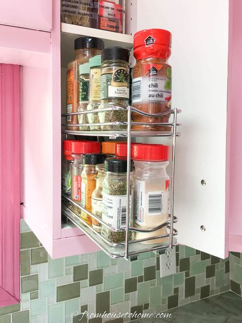 Narrow Spice Rack, Narrow Pull Out Spice Cabinet, Narrow Spice Cupboard Organization, Slim Cabinet Storage Kitchen, Seasoning Pull Out Cabinet, Slim Cupboard Storage, Narrow Upper Cabinet Storage Kitchen, Pull Out Spice Organizer, Narrow Kitchen Cabinet Storage Ideas