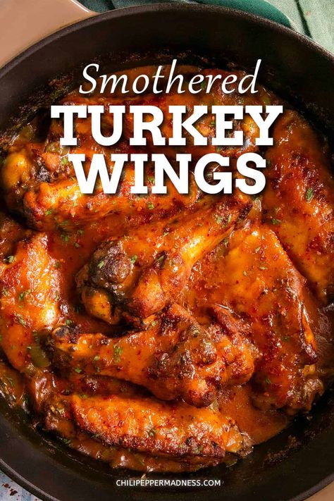 Smothered turkey wings are a southern classic dish of turkey wings smothered and slowly simmered in a rich gravy until tender and flavorful, so comforting. Barbecue Turkey Wings, Smoked Smothered Turkey Wings, Turkey Wings And Legs Recipes, Stew Turkey Wings Recipes, Turkey Wing Brine, Turkey Wings And Dressing, Soul Food Turkey Wings, Stewed Turkey Wings, Slow Cooker Smothered Turkey Wings