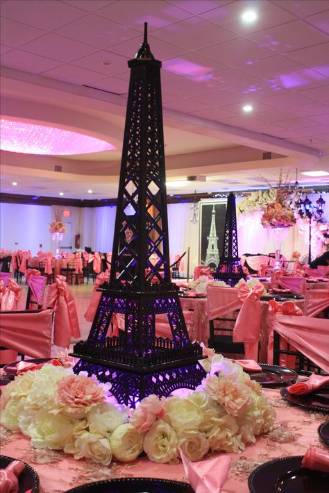 Paris Theme Flower Centerpieces, Pink And Black Paris Theme Party, Paris Themed Tablescapes, Paris Theme Wedding Decorations, Night In Paris Theme Party Sweet 16, Paris Sweet 16 Decorations, Paris Themed Sweet 16 Party, Paris Theme Sweet Sixteen, Night In Paris Theme Party Decorations