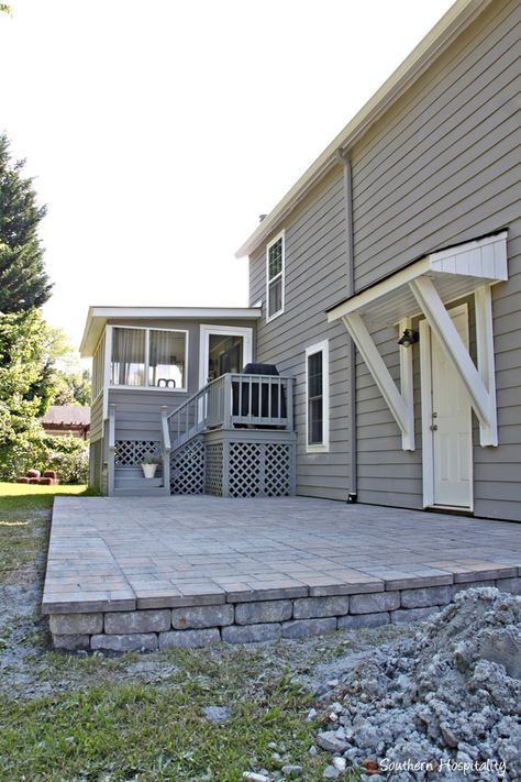 Raised Patio Landscaping Ideas, Paver Patio Sloped Yard, 2 Level Paver Patio Ideas, Elevated Paver Patio Ideas, Raised Paver Patio Ideas, Paver Patio On A Slope, Paver Patio On Sloped Yard, Raised Paver Patio, Roof Awning