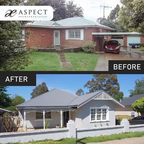 Colourbond roof, painted brick makeover on 1960s brick veneer Australian house 1960s Brick House Renovation, Painted Brick House Australia, 1960s House Renovation Australia, Painted Brick House Exterior Australia, Australian Brick House Exterior Makeover, 1960s Renovation, Colourbond Roof, Unit Renovation, Brick Makeover