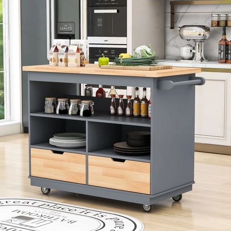 Latitude Run® Wood Kitchen Cart - Wayfair Canada Wood Top Kitchen, Kitchen Island With Drawers, Mobile Kitchen Island, Mobile Kitchen, Island Cart, Seasoning Bottle, Rolling Kitchen Island, Kitchen Island Cart, Top Kitchen