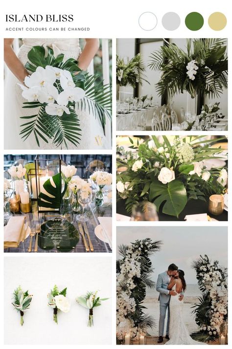 Green White Palette, Island Theme Wedding, Wedding By The Beach, Island Style Clothing, Tropical Wedding Theme, Classy Clothes, White Palette, Island Theme, Bridal Bouquet Flowers