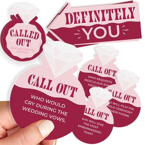 [Promotion] Called Out Bachelorette Edition Party Game: Get Ready To Point, Laugh, And Vote As You Race To Collect The Most Cards And Claim The Title Of Ultimate Most Likely To Be Called Out Person! Quick And Easy Setup: Simply Shuffle The Deck, Distribute The Arrows, And You're Ready For 30  Minutes Of Bridal Shenanigans; Ages 21 . Just Need A Minimum Of 9 Players! How To Play: Have Each Player Chose An Arrow. Take Turns Reading A Card Aloud. Count To 9 #spookybachelorettepartygames Bachelorette Card, Game Bachelorette Party, Diamond Ring Shape, Bachelorette Party Games Drinking, Bridal Shower Activity, Bachelorette Party Game, Party Card Games, Bridal Shower Activities, Awesome Bachelorette Party