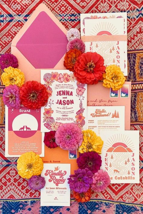 Wedding Invitations Colorful, Crazy Wedding Invitations, Eclectic Wedding Invitations, Quirky Wedding Invitations, Boho Wedding Invitations, Wedding Invitation Ideas, Retro Wedding Invitations, Colorful Wedding Invitations, Boho Invitations