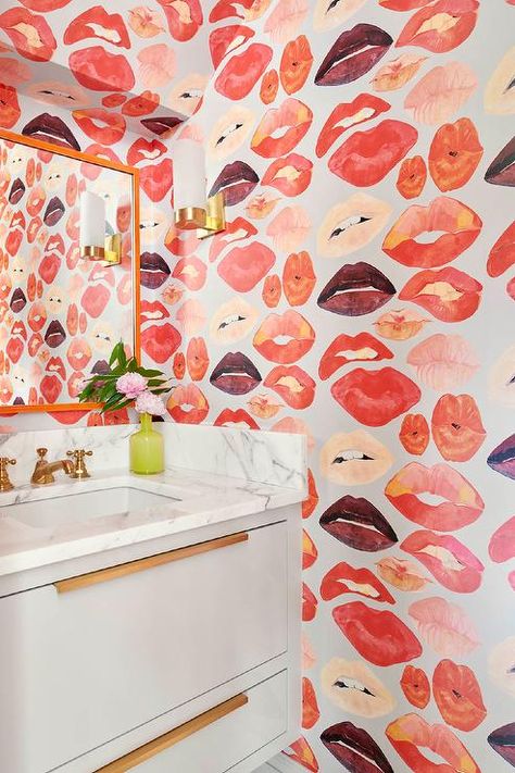 Bold Bathroom, Lip Wallpaper, Silver Wallpaper, White Marble Countertops, Statement Wall, Bathroom Wallpaper, 1 Girl, Wallpaper Wall, 3 Kids