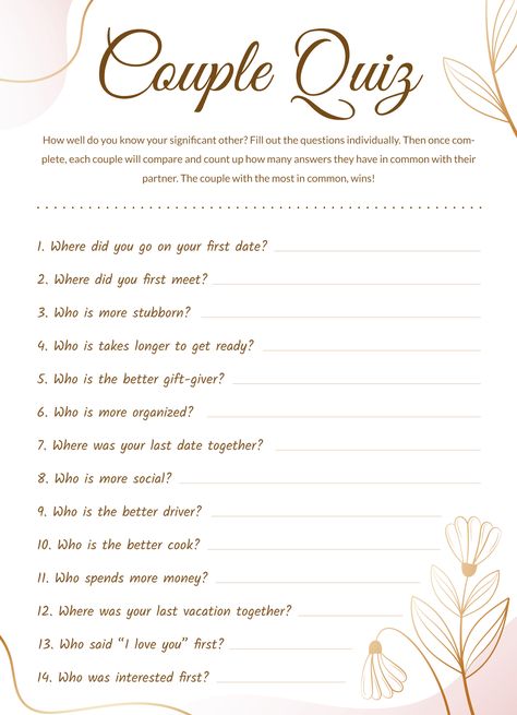 Couple Quiz Questions, Fun Couples Quiz, Couple Quiz, Baby Shower Quiz, Boyfriend Questions, Ldr Couples, School Quiz, Quiz Template, Couples Quiz