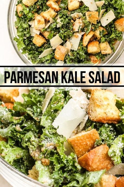 This kale salad is a delicious savory side for any meal! Parmesan and homemade croutons are the stars of this dish. Topped with a simple dressing of olive oil, balsamic vinegar, lemon juice, and minced garlic! Kale And Parmesan Salad, Parmesan Kale Salad, Balsamic Vinegarette, Turkey Lasagna, Simple Dressing, Croutons Homemade, Cook Recipes, Healthy Sides, Skillet Chicken