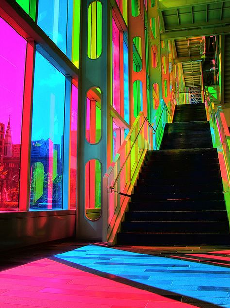 Colourful City Aesthetic, Colorful Architecture Buildings, Colorful Glass Architecture, Colourful Buildings Architecture, Rainbow Architecture, Coloured Lighting, Colourful Architecture, Glass Stair, Estilo Kitsch