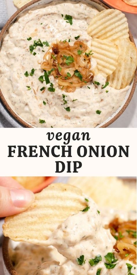 This creamy vegan French onion dip is dairy-free, nut-free, and made with sweet caramelized onions and silken tofu. It's perfect as a party appetizer or sandwich spread! Vegan Spreads, Vegan Dips, Vegan French, Vegan Party Food, French Onion Dip, Vegan Dip, Healthy Vegan Snacks, Onion Dip, Savoury Recipes