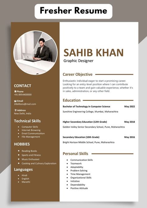 Resume for Freshers | Fresher Resume Format for Job Interview Resume For Tech Job, Resume Format For Graphic Designer, About Me In Resume For Freshers, Cv Format For Job For Freshers, Resume Template For Students, Graphic Designer Resume Fresher, Resume Templates For Freshers, Professional Resume Format For Freshers, Job Resume Format For Freshers