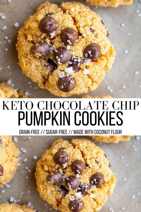 Keto Pumpkin Chocolate Chip Cookies, Coconut Flour Desserts, Pumpkin Cookies Healthy, Pureed Pumpkin, Pumpkin Chip, Low Carb Cookies Recipes, Coconut Chocolate Chip Cookies, Pumpkin Cookie Recipe, Coconut Flour Recipes