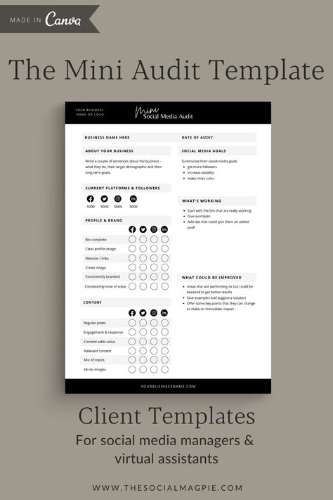 Social Media Discovery Call, Social Media Manager Must Haves, Social Media Audit Template Free, Social Media Audit Checklist, Social Media Audit Template, Social Media Manager Portfolio, Social Media Manager Checklist, Creator Inspiration, Social Media Planner Template