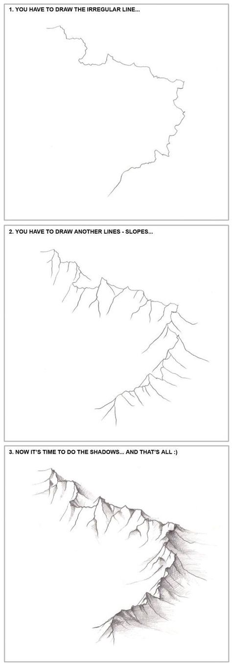 3 steps - How to draw the mountains... by ~fragless on deviantART see it @art ed central :) Lips Drawing, Landscape Designs, Art Instructions, Drawing Lessons, Drawing Tutorials, Art Tutorial, Simple Art, Drawing Tips, Art Tips