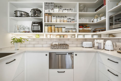 scullery design and storage Scullery Ideas, Kitchen Scullery, Tiled Splashback, Fowler Homes, Tile Splashback, Galley Kitchen, Custom Built Homes, Work Design, Open Storage