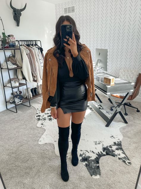 Leather Skirt Lace Bodysuit Outfit, Black Suede Mini Skirt Outfit, Leather Skirt And Bodysuit Outfit, Date Night Boots Outfit, Leather Skirt Looks Night, Going Out Leather Jacket Outfit, Mini Skirt And Jacket Outfit, Club Outfits For Women Mid Size, Women’s Going Out Outfits Winter