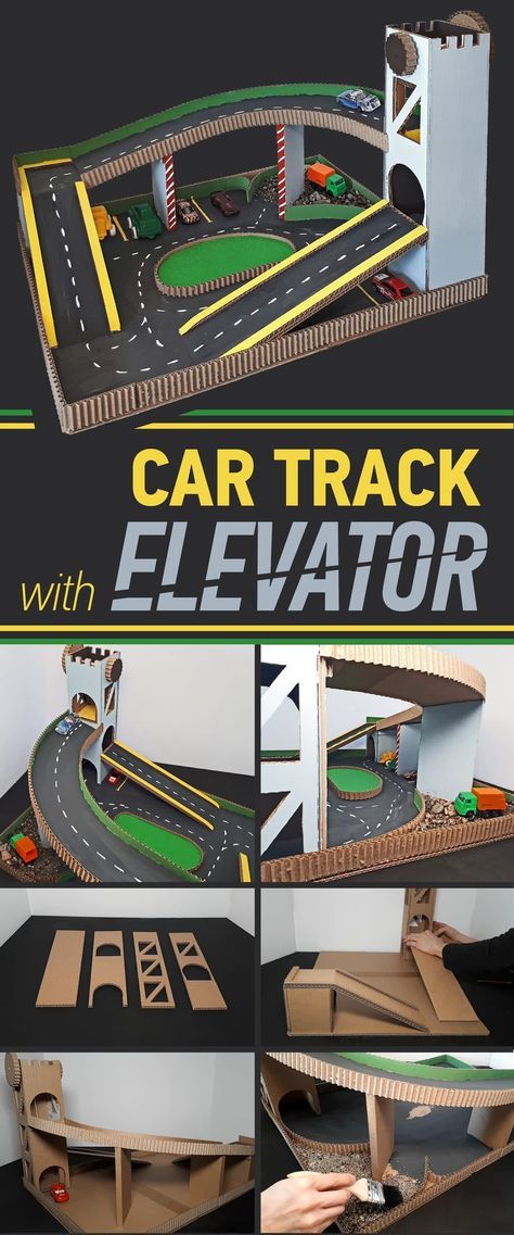 HOW to make CAR TRACK with ELEVATOR  VIDEO TUTORIAL https://youtu.be/dhMsJ6j1byI  PDF PATTERN:  https://www.etsy.com/ca/listing/582925596/diy-toy-car-play-mat-printable-diy-pdf?ref=shop_home_active_4 Elevator Video, Diy Toys Car, Car Play Mats, Auto Lift, Toy Car Garage, Cardboard Car, Trendy Toys, Cardboard Toys, Fotografi Digital