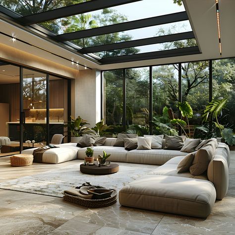 Indoor Open Space, Living Room Open To Garden, Modern Jungle House Architecture, Indoor Conservatory Garden, Homes With Glass Walls, All Glass Living Room, Natural Lighting Living Room, Home With Atrium, All Window Living Room