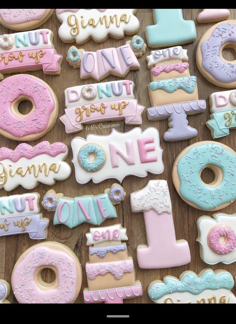 Up First Birthday Party, Donut Grow Up First Birthday, Up Cookies, Doughnut Party, First Birthday Party Ideas, Donut Themed Birthday Party, First Birthday Cookies, 1st Birthday Party For Girls, Birthday Donuts